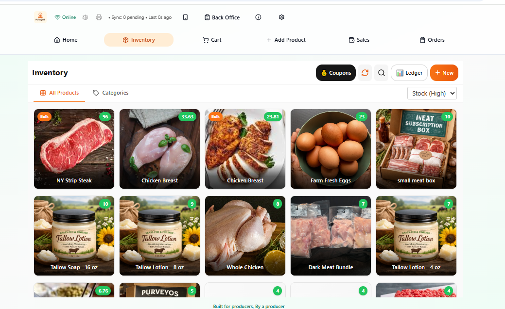 PurveyOS inventory grid showing weight-based product inventory.